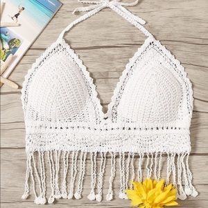 White Crochet Fringe Hem Halter Top